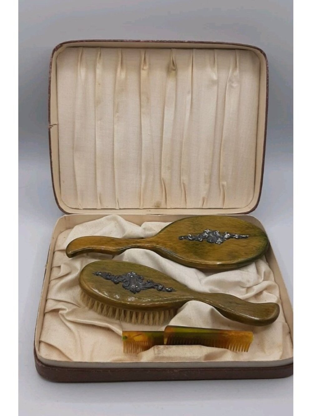 Vintage Green Stained Wooden Hair Brush Mirror and Plastic Comb In Storage Case